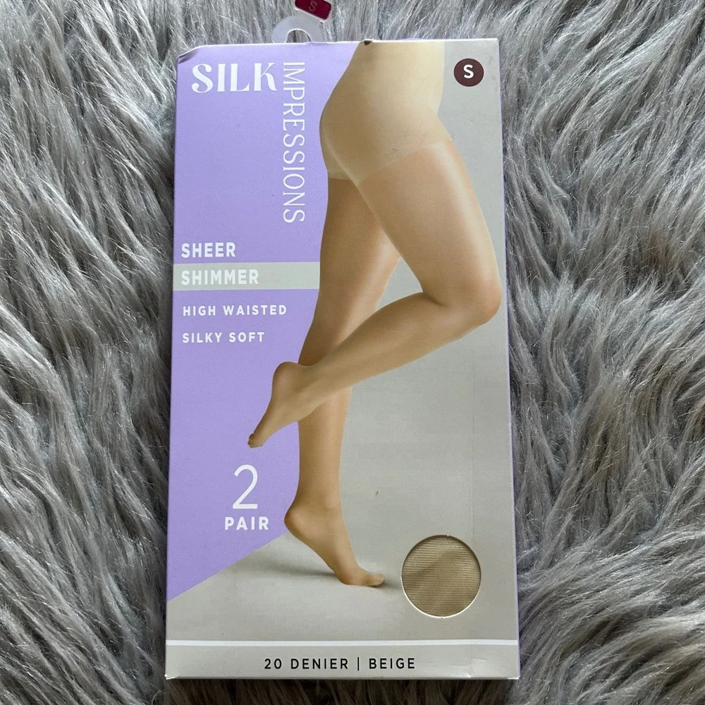 Silk Impressions Sheer Shimmer‎ Tights Women's Size Small Beige High Waisted